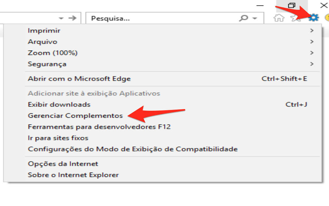 Internet Explorer - Engrenagem - Gerenciar Complementos
