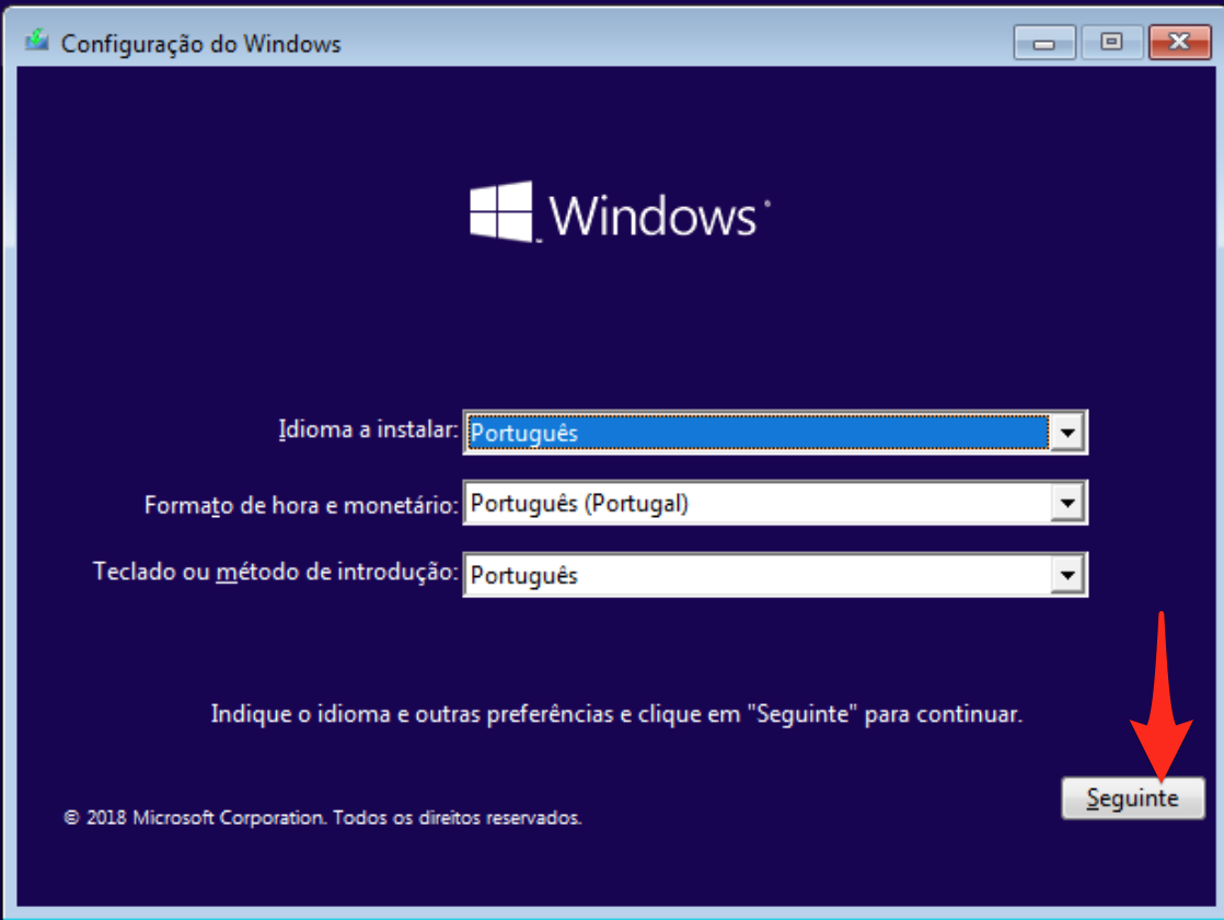 Primeira tela do instalador do windows 10