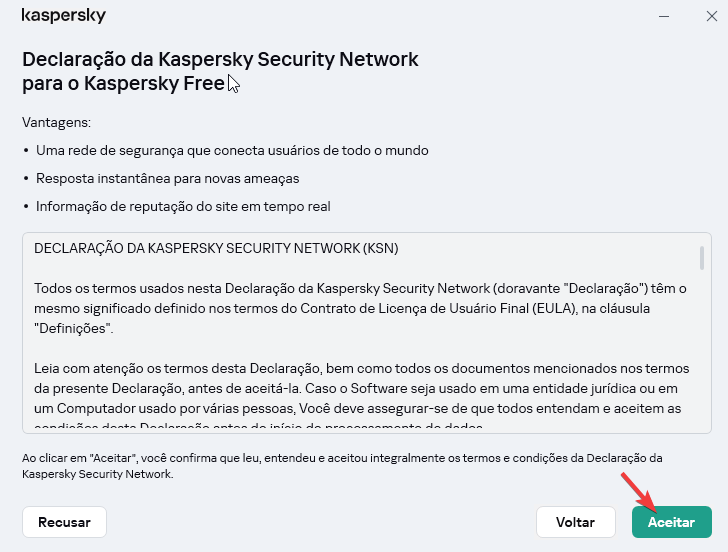 Aceite a declaração da Kaspersky Security Network
