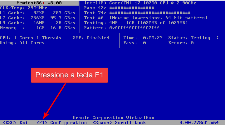 Tela inicial do Memtest
